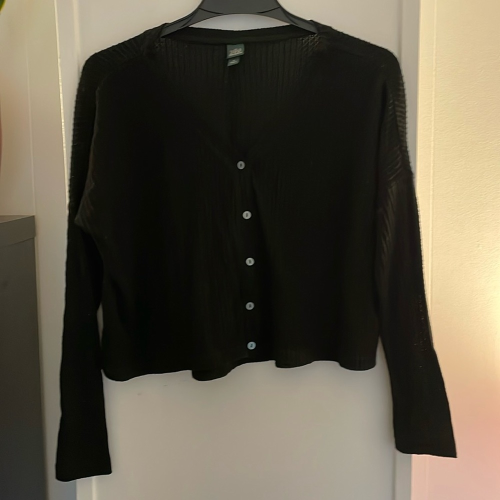 Slouchy black long sleeve waffle knit top